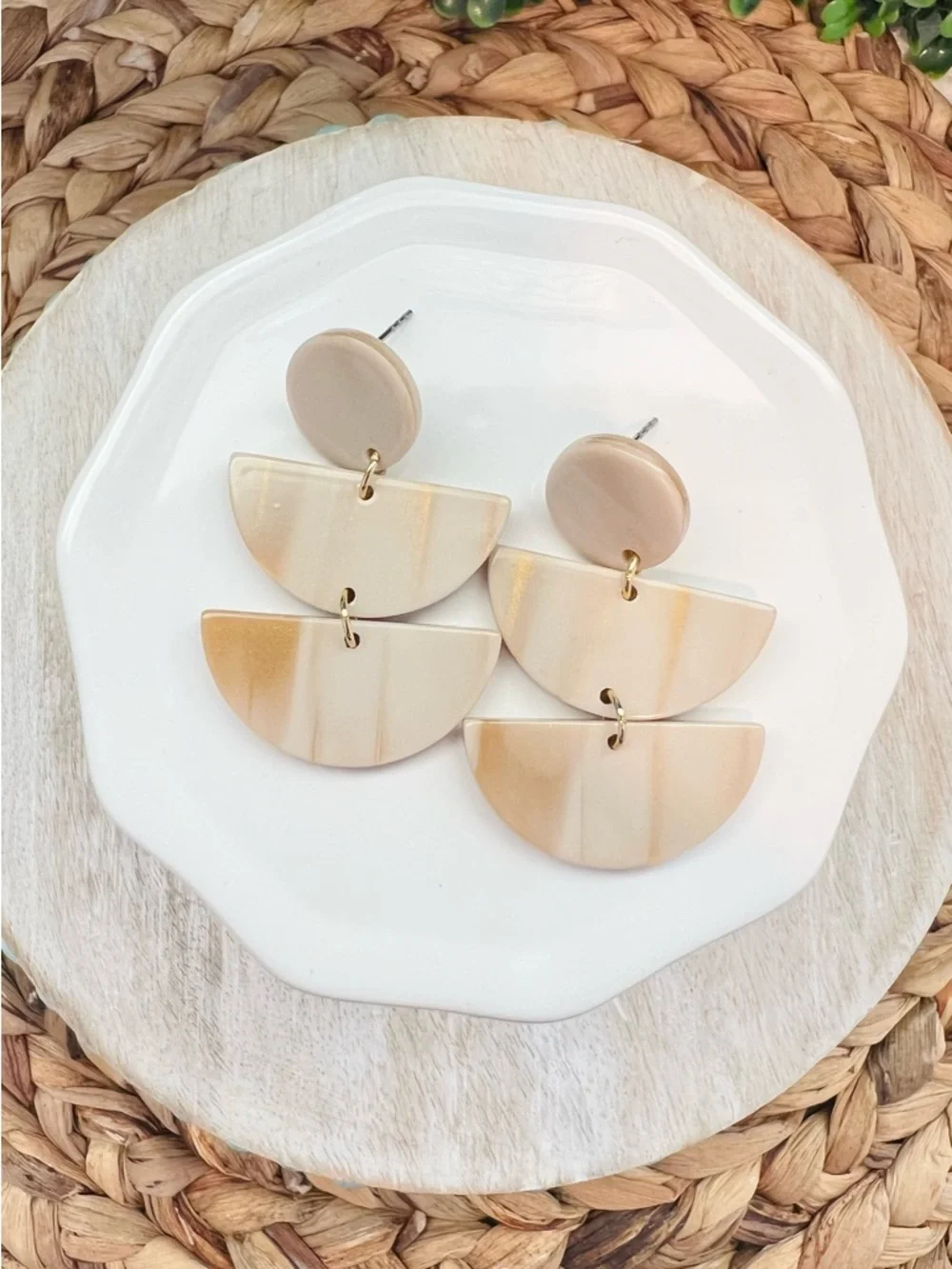 New Marbled Ivory Triple Tier Half Moon Statement Dangle Earrings | Gold Accents